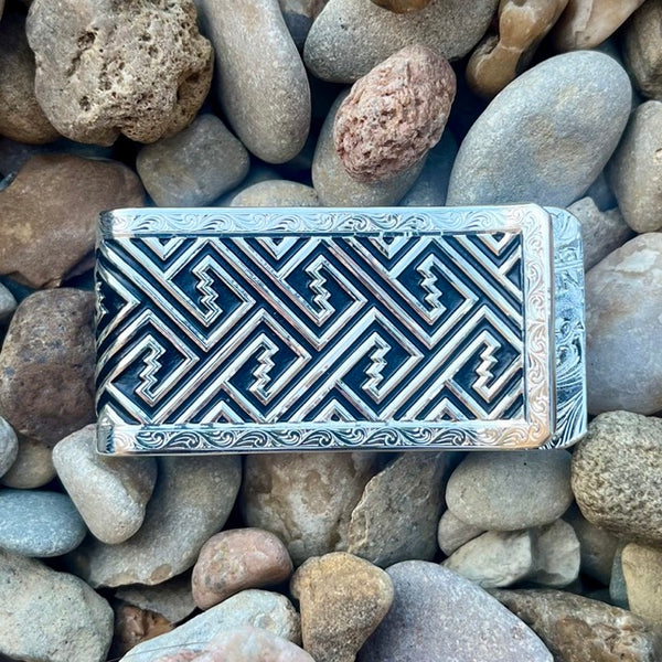 Montana Silversmiths Money Clip in Silver, featuring stunning bright cut engravings and gold tone figure - MCL5978NF. Available at Blair's Western Wear, Marble Falls, TX.