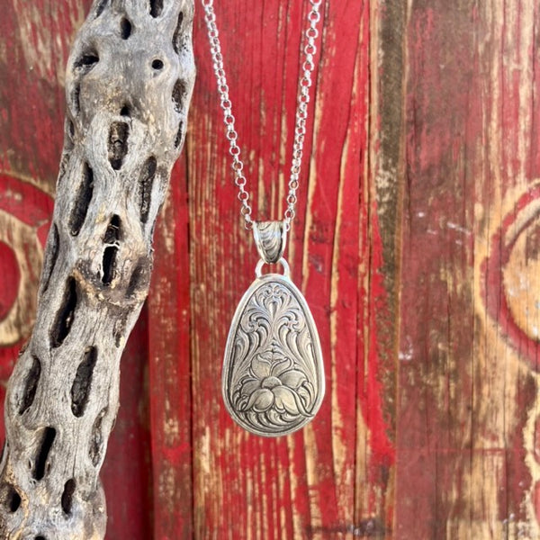 Montana Silversmiths Necklace in Silver, detailed floral engraving with adjustable chain length - NC5670. Available at Blair's Western Wear, Marble Falls, TX.