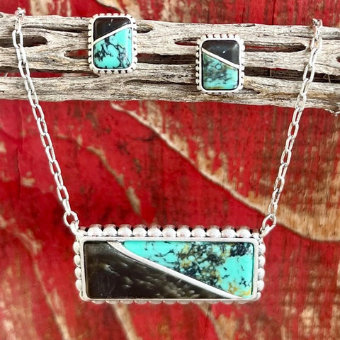 Montana Silversmiths Necklace and Earrings Set with turquoise and black stone combination, slant bar design, rhodium over brass frame - JS6012. Available at Blair's Western Wear, Marble Falls, TX.