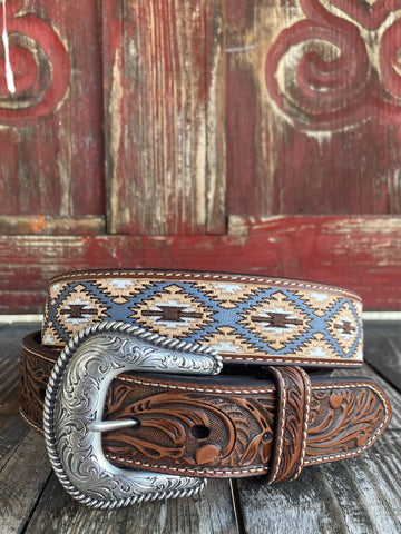 Brown & Lt Blue Men's Western Aztec Dress Belt - N210008697