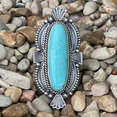 Oval Turquoise Ring with silver design around it - RNTURLNOV - BLAIR'S Western Wear located in Marble Falls TX