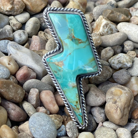  Turquoise stone ring in the shape of a lighting bolt with a silver rope as the outline border - RNGLIGHT - BLAIR'S Western Wear located in Marble Falls TX