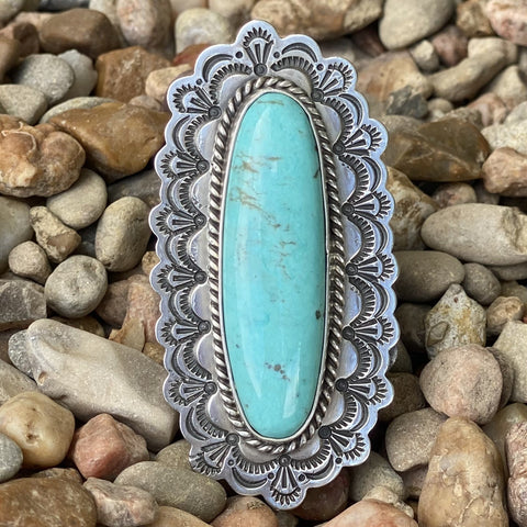 Turquoise Oval & Silver Scallop Ring - RNTURLNSC - BLAIR'S Western Wear located in Marble Falls TX