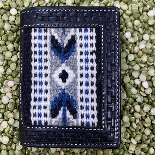 Black Leather with Blue & Gray Blanket Inlay Western Aztec Trifold Wallet - D250005501