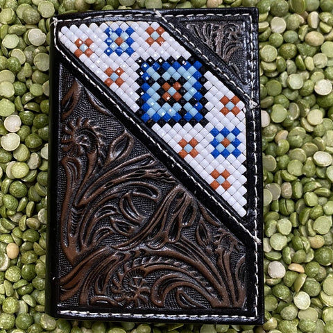 Chocolate Leather with White & Blue Beading Western Aztec Trifold Wallet - D2500150107