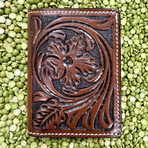 Cognac Brown Tooled Western Cowboy Men's Trifold Wallet - C42T