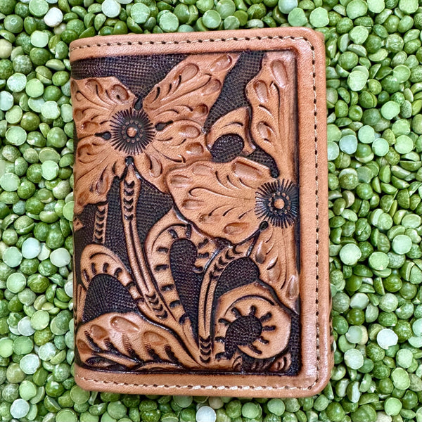 2Tone Brown Leather Western Tooled Men's Trifold Wallet - E80124