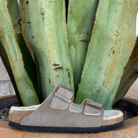 Women's Birkenstock Arizona Suede Slippers in Desert Dust Gray, anatomically shaped cork-latex footbed with genuine shearling lining - 1025548. Available at Blair's Western Wear, Marble Falls, TX.