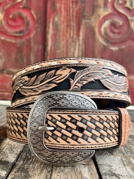 Men's Tooled Feathered Belt with Aztec Etched Buckle - 23133BE1 - Blair's Western Wear in Marble Falls, TX 