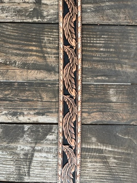 Men's Tooled Feathered Belt with Aztec Etched Buckle - 23133BE1 - Blair's Western Wear in Marble Falls, TX