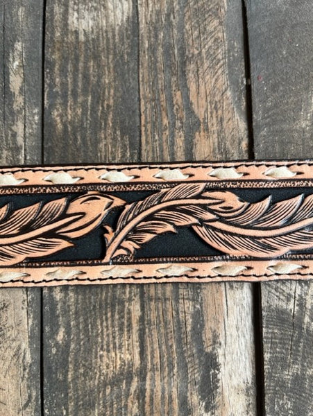 Men's Tooled Feathered Belt with Aztec Etched Buckle - 23133BE1 - Blair's Western Wear in Marble Falls, TX