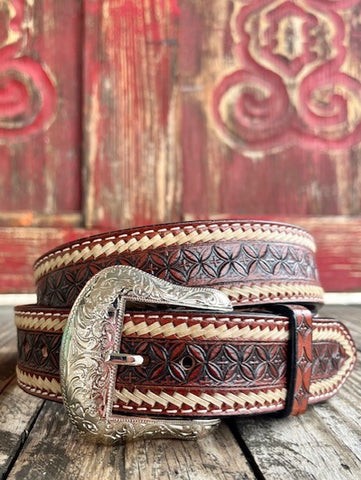 Men's Chocolate Brown Tooled Leather Belt with Rawhide - IB1022C - Blair's Western Wear Marble Falls, TX