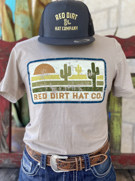 Men's Tan/Olive/Rust REd Dirt T-Shirt with Graphic of a Desert with the words "Red Dirt Hat Co" underneath - RDHCT115 - BLAIR'S Western Wear located in Marble Falls TX