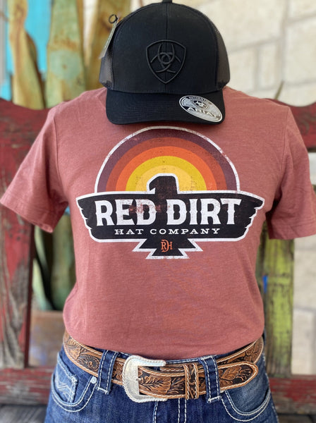 Men's Red Dirt T-Shirt: with Graphic of Sunset on top of a black bird with the word "Red Dirt Hat Company" inside its wingspan - RDHCT119 - BLAIR'S Western Wear located in Marble Falls TX 