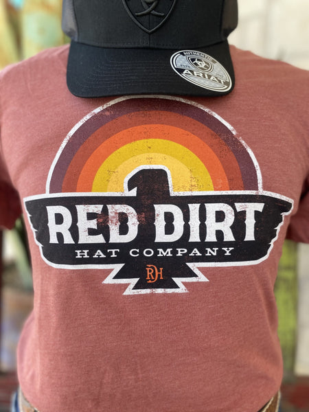 Men's Red Dirt T-Shirt: with Graphic of Sunset on top of a black bird with the word "Red Dirt Hat Company" inside its wingspan - RDHCT119 - BLAIR'S Western Wear located in Marble Falls TX