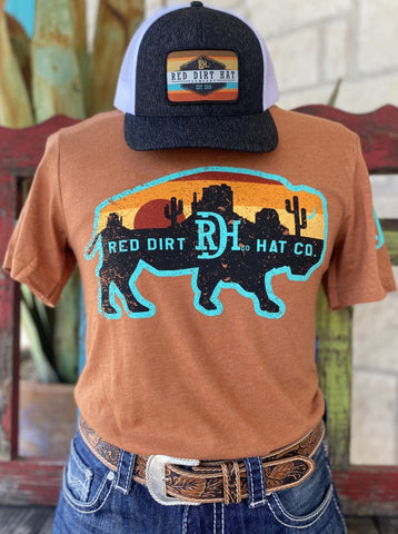 Men's Orange Red Dirt T-Shirt with Graphic of Sunset in the Desert inside a Buffalo Silhouette with "Red Dirt Hat Company" and their logo in the middle - RDHCT57 - BLAIR'S Western Wear located in Marble Falls TX