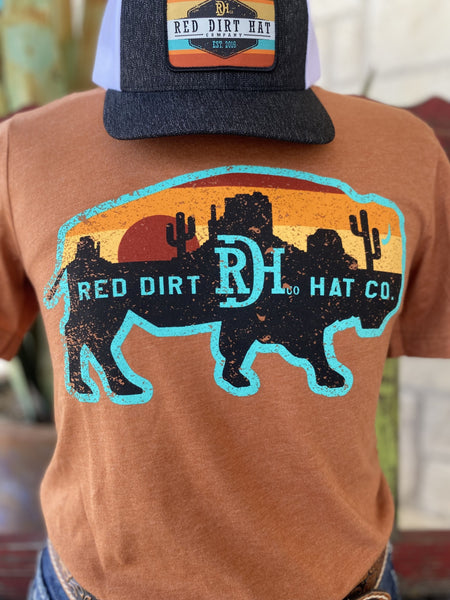 Men's Orange Red Dirt T-Shirt with Graphic of Sunset in the Desert inside a Buffalo Silhouette with "Red Dirt Hat Company" and their logo in the middle - RDHCT57 - BLAIR'S Western Wear located in Marble Falls TX