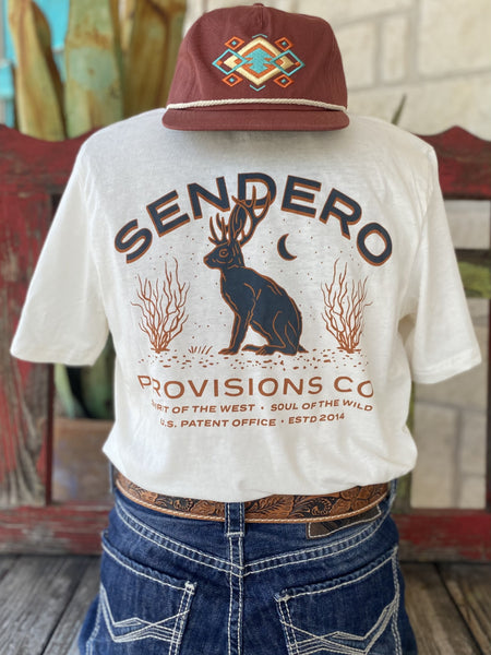 Men's Sendero T-Shirt with Graphic of a Jackalope with the word "Sendero" on top and "Provisions Co" , "Spirit of the west, soul of the wild" and&nbsp;"U.S. Patent Office, ESTD 2014" - JACKALOPE - Blair's Western Wear located in Marble Falls TX