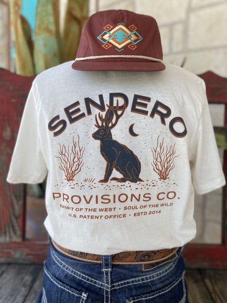 Men's Sendero T-Shirt with  Graphic of a Jackalope with the word "Sendero" on top and "Provisions Co" , "Spirit of the west, soul of the wild" and&nbsp;"U.S. Patent Office, ESTD 2014" - JACKALOPE - Blair's Western Wear located in Marble Falls TX