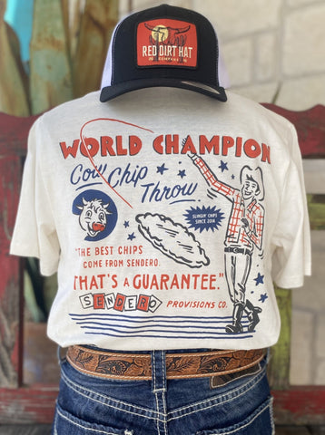 Men's Sendero T-Shirt with  Graphic of Cowboy, Cow and a Chip with the phrase "World Champion" on top and "The best chips come from Sendero. That's a guarantee" underneath and the same graphic as the front at the very bottom - COUNTY FAIR - BLAIR'S Western Wear located in Marble Falls TX