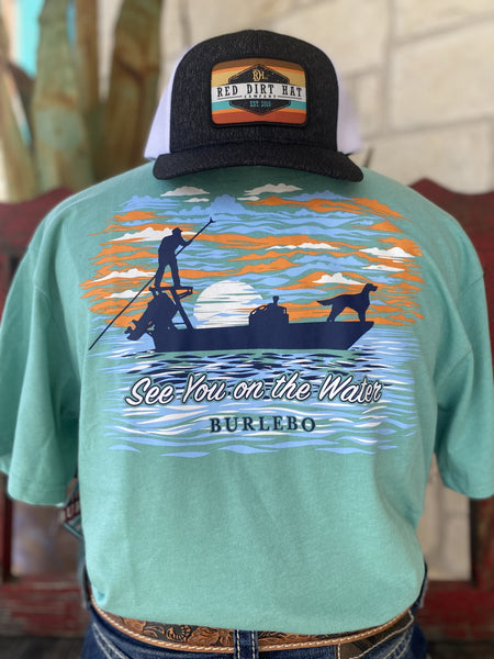 Men's Burlebo T-Shirt with Graphic of a man on a boat with its dog and the words " See you on the Water" and " Burlebo" underneath - SYOTWSSCM - BLAIR'S Western Wear located in Marble Falls TX