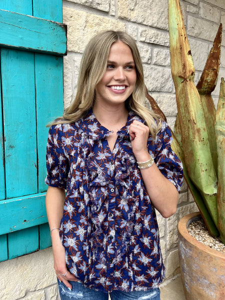 Blue & Brown Ladies Colorful Blouse - 621522 - Blair's Western Wear Marble Falls, TX