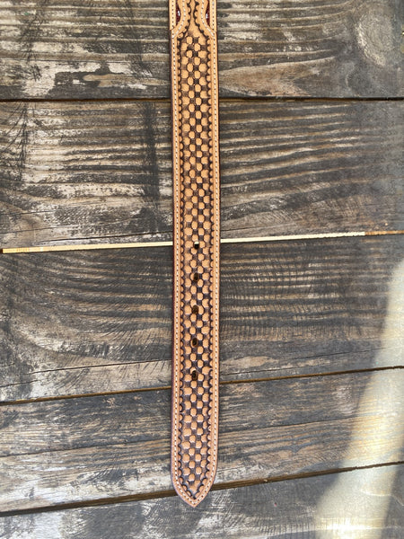 Men's Tooled Two Toned Leather Belt with Aztec Bead Work in Rust, yellow, Turquoise, White, & Black - 26RT22B - Blair's Western Wear Marble Falls, TX