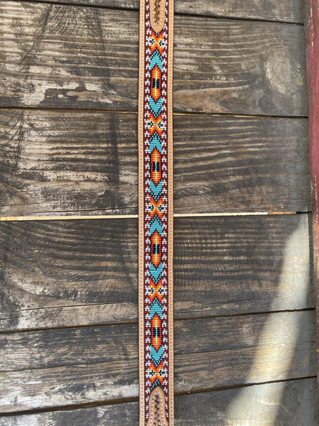 Men's Tooled Two Toned Leather Belt with Aztec Bead Work in Rust, yellow, Turquoise, White, & Black - 26RT22B - Blair's Western Wear Marble Falls, TX