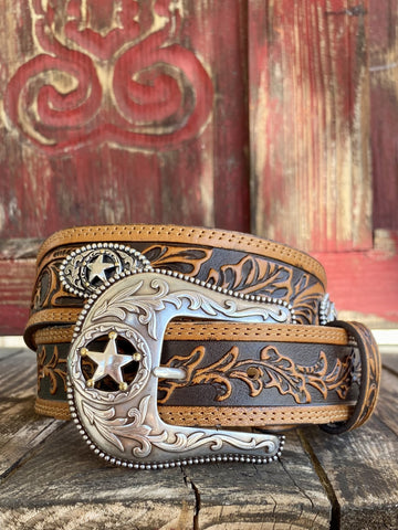 Men's Western Tooled Leather Belt with Star Concho - Blair's Western Wear Marble Falls, TX