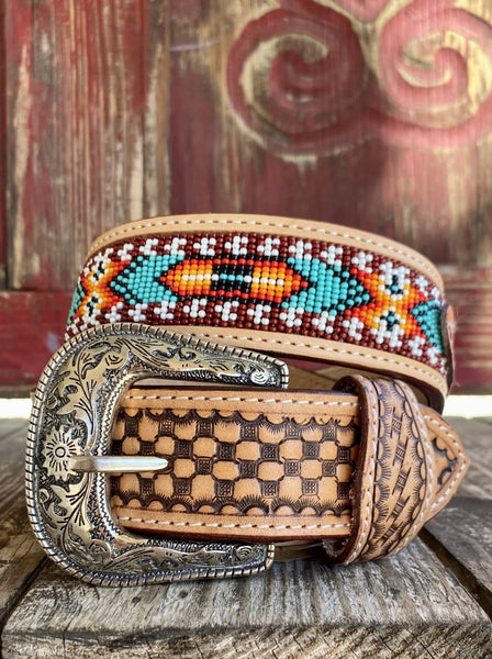 Men's Tooled Two Toned Leather Belt with Aztec Bead Work in Rust, yellow, Turquoise, White, & Black - 26RT22B - Blair's Western Wear Marble Falls, TX 