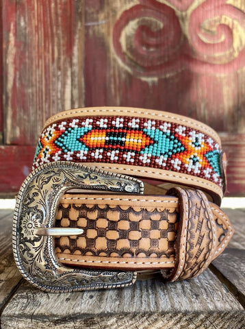 Men's Tooled Two Toned Leather Belt with Aztec Bead Work in Rust, yellow, Turquoise, White, & Black - 26RT22B - Blair's Western Wear Marble Falls, TX 