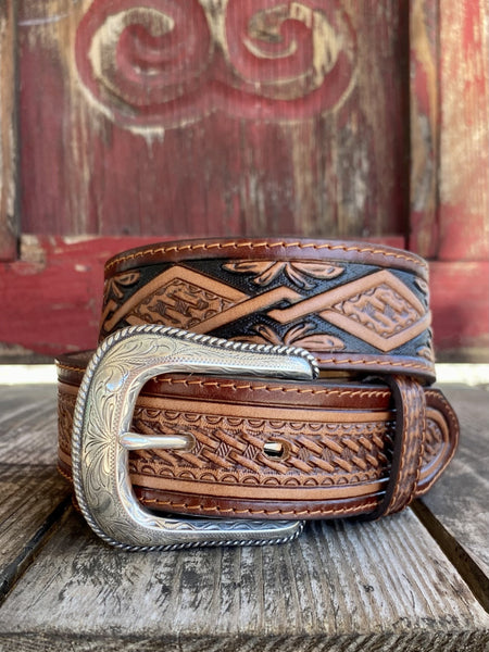 Men's Tooled Leather Belt in Black & Brown - C42754 - Blair's Western Wear Marble Falls, TX 