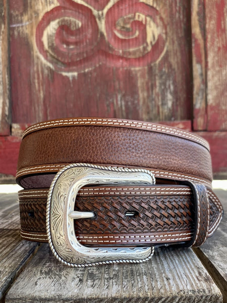 Men's Tooled Leather Belt With Basket Weave Tooled Overlay & Smooth Leather Middle in Chocolate - 2775 - Blair's Western Wear Marble Falls, TX 