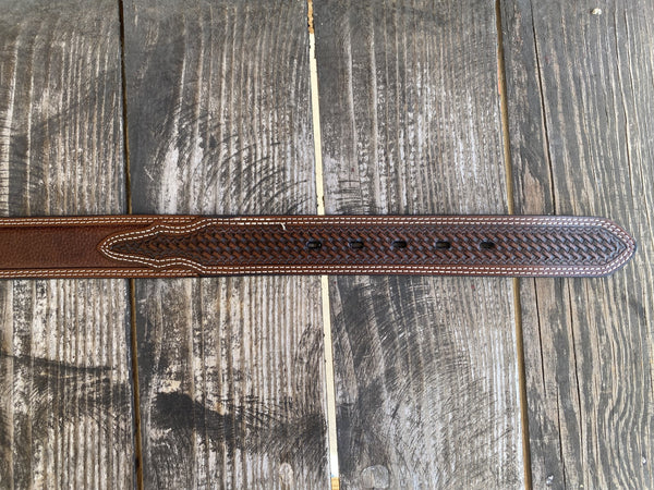 Men's Tooled Leather Belt With Basket Weave Tooled Overlay & Smooth Leather Middle in Chocolate - 2775 - Blair's Western Wear Marble Falls, TX