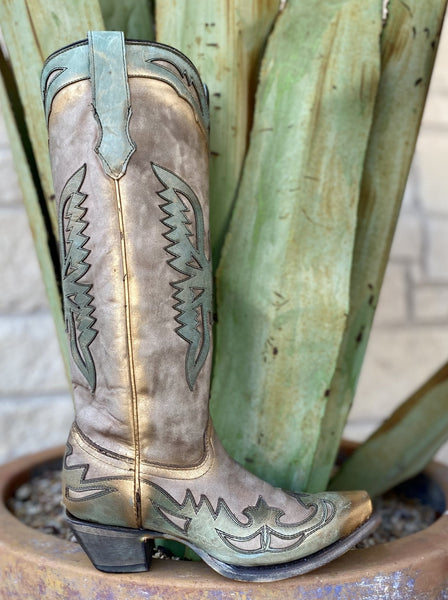 Corral Ladies Bone with Turquoise Eagle Overaly Tall Boot (A4302) - BLAIR'S Western Wear located in Marble Falls Tx. 