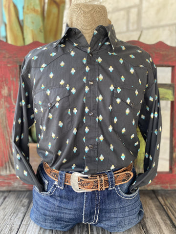 Men's Gray with Yellow/Turquoise Aztec Roper Long Sleeve - 3010640317 - BLAIR'S Western Wear located in Marble Falls TX