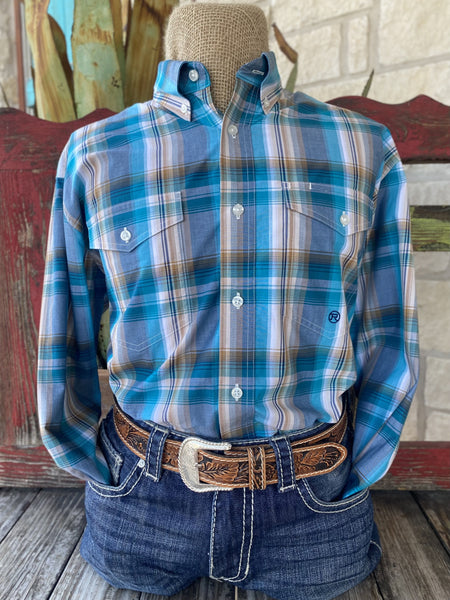 Men's Roper Turquoise/Blue/Tan Plaid Long Sleeve - 3013782095 - BLAIR'S Western Wear located in Marble Falls TX