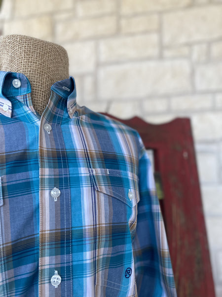 Men's Roper Turquoise/Blue/Tan Plaid Long Sleeve - 3013782095 - BLAIR'S Western Wear located in Marble Falls TX