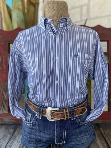 Men's Blue & White Stripes Ariat Long Sleeve - 10051518 - BLAIR'S Western Wear located in Marble Falls TX