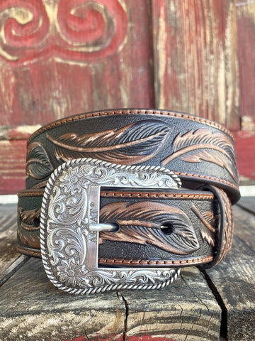 Men's Brown & Chocolate Tooled Feathers Leather Belt - A1029608 - Blair's Western Wear Marble Falls, TX 