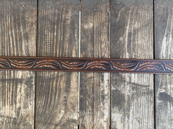 Men's Brown & Chocolate Tooled Feathers Leather Belt - A1029608 - Blair's Western Wear Marble Falls, TX