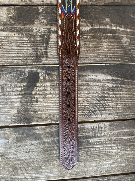 Men's Tooled Leather Belt with Woven Aztec Design - N210002697 - Blair's Western Wear Marble Falls, TX