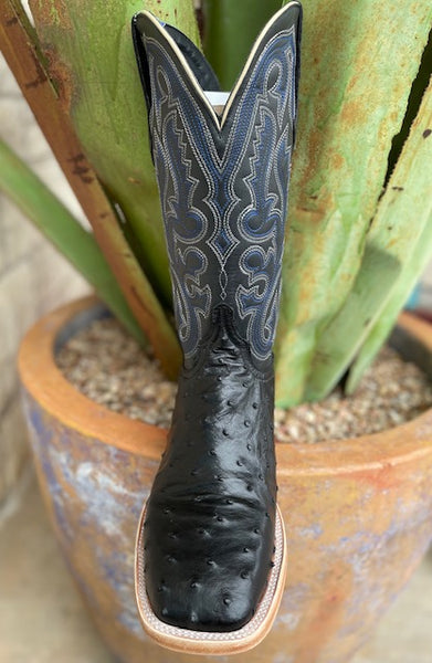 Black with Blue Embroidery Resistol Full Quill Leather Squared Toe Boot (RB0101012SS) - BLAIR'S Western Wear located in Marble Falls TX