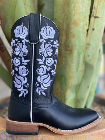 Macie Bean Kid's Black with White Floral Embroidery Boot - MK9166 - BLAIR'S Western Wear located in Marble Falls TX 