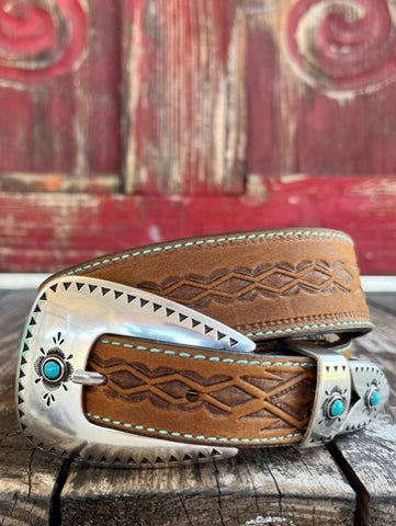 Ladies Brown Tooled Leather Belt with Etched Buckle and Stones - C51299 - BLAIR'S WESTERN WEAR MARBLE FALLS, TX 