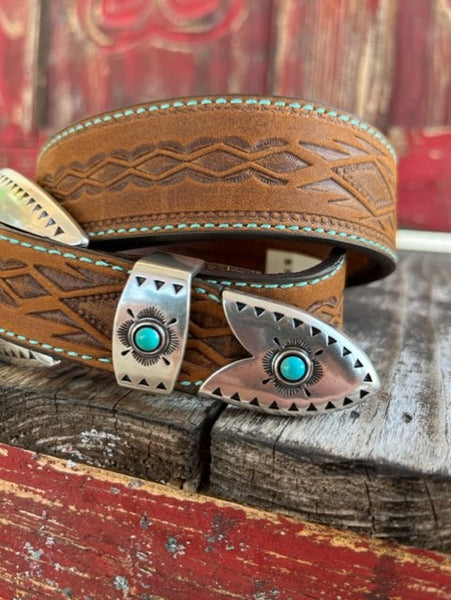 Ladies Brown Tooled Leather Belt with Etched Buckle and Stones - C51299 - BLAIR'S WESTERN WEAR MARBLE FALLS, TX