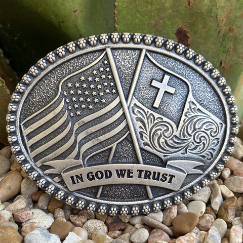 Montana In God We Trust Buckle with two flags - A992S - BLAIR'S Western Wear located in Marble Falls TX