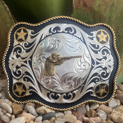 Montana Scalloped Sheridan Style  Buckle with a figure of a man hunting in the center -- 61360-422 -- BLAIR'S Western Wear located in Marble Falls TX