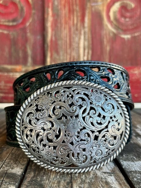 Ladies Black Tooled Leather Belt with Big Silver Etched Buckle - C50023 - BLAIR'S WESTERN WEAR MARBLE FALLS, TX 