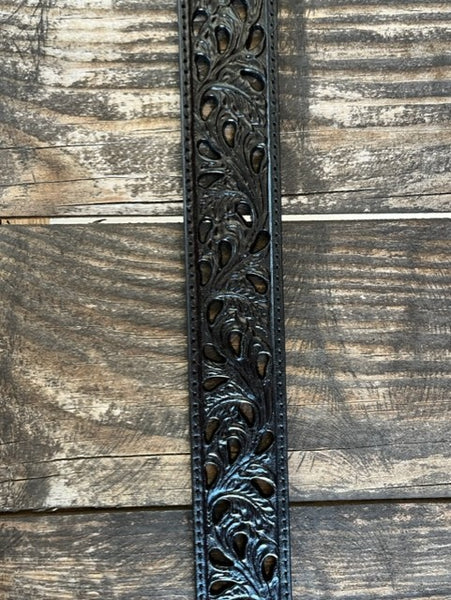 Ladies Black Tooled Leather Belt with Big Silver Etched Buckle - C50023 - BLAIR'S WESTERN WEAR MARBLE FALLS, TX